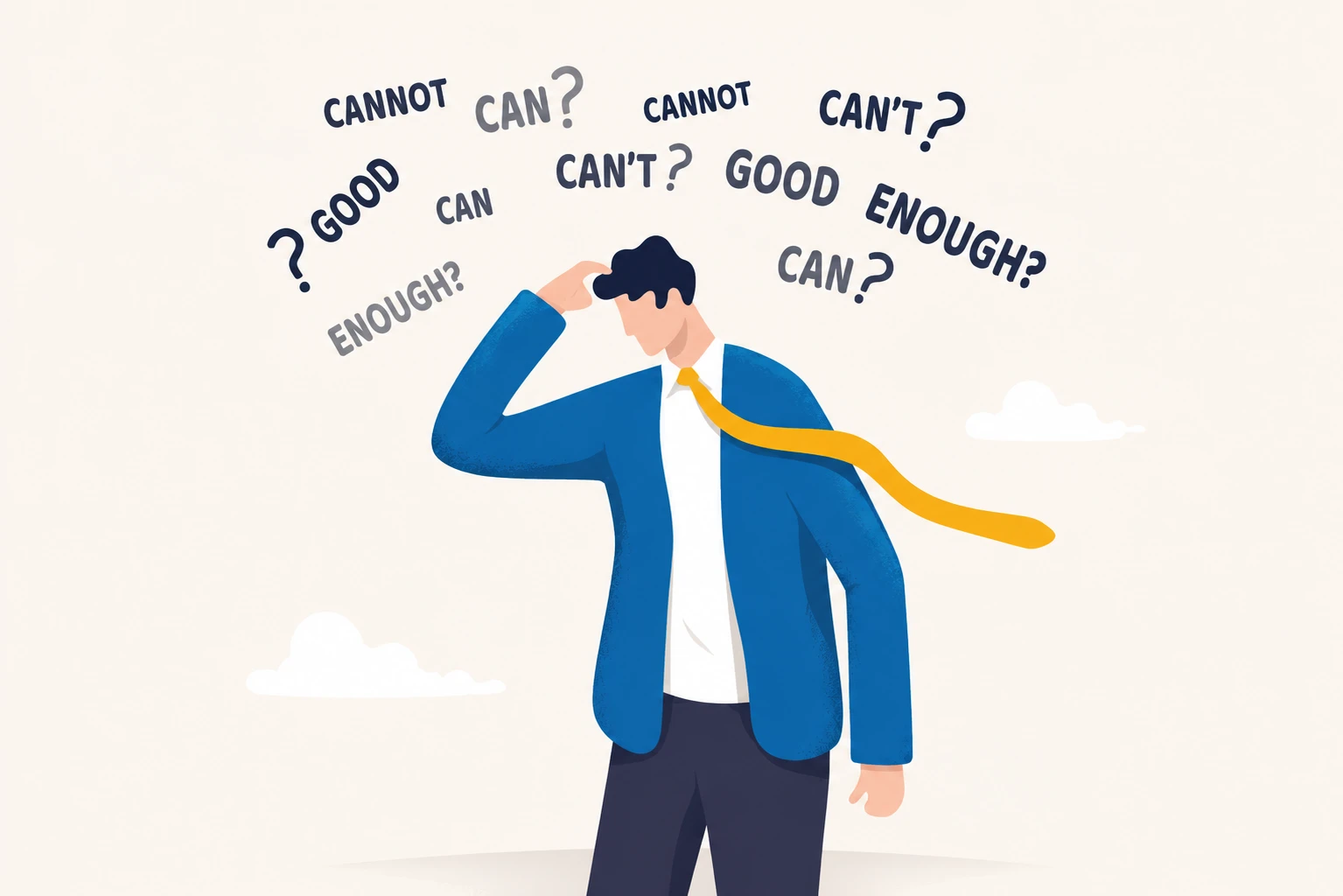 Confused Businessman Under Questioning Clouds